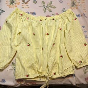White and Yellow Strip Blouse with Flower Print